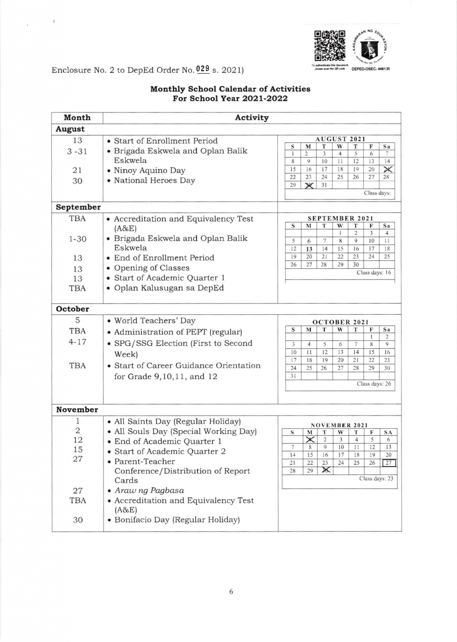 DepEd School Calendar 2021