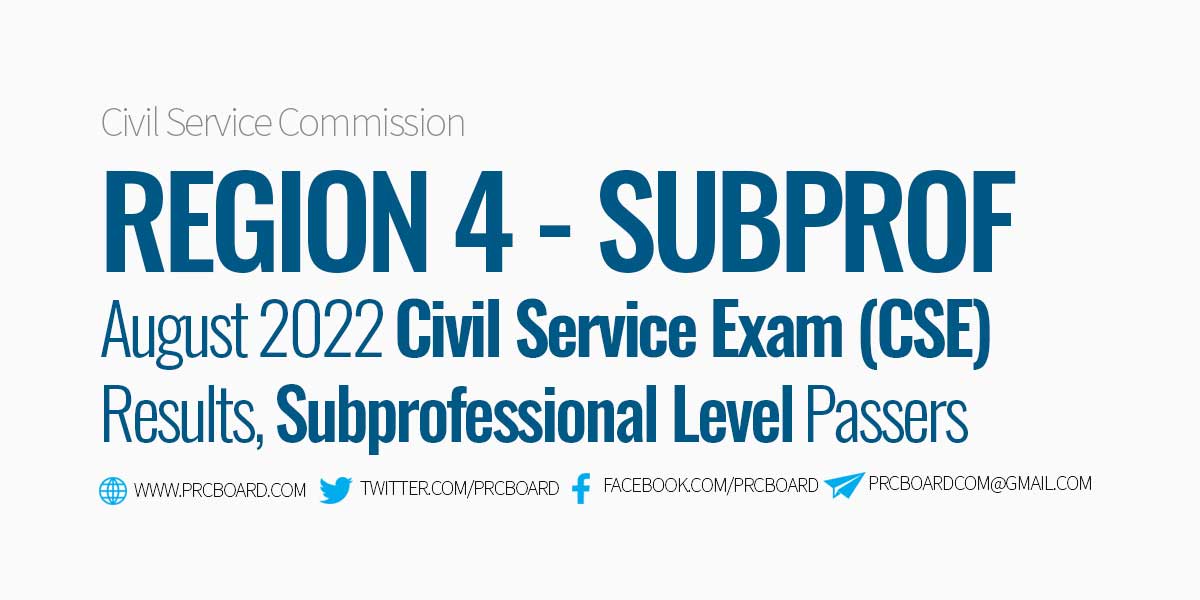 REGION 4: August 2022 Civil Service Exam List of Passers, Subprofessional