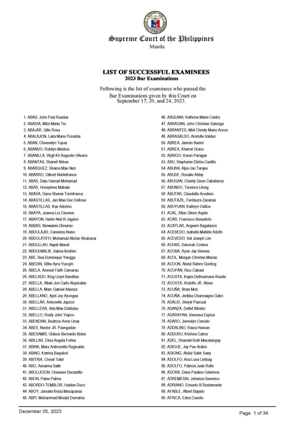 Bar Exam Results 2023: A-G List of Passers